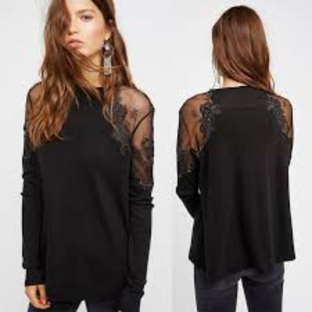 Free People Daniella Top Black XS Floral Detail